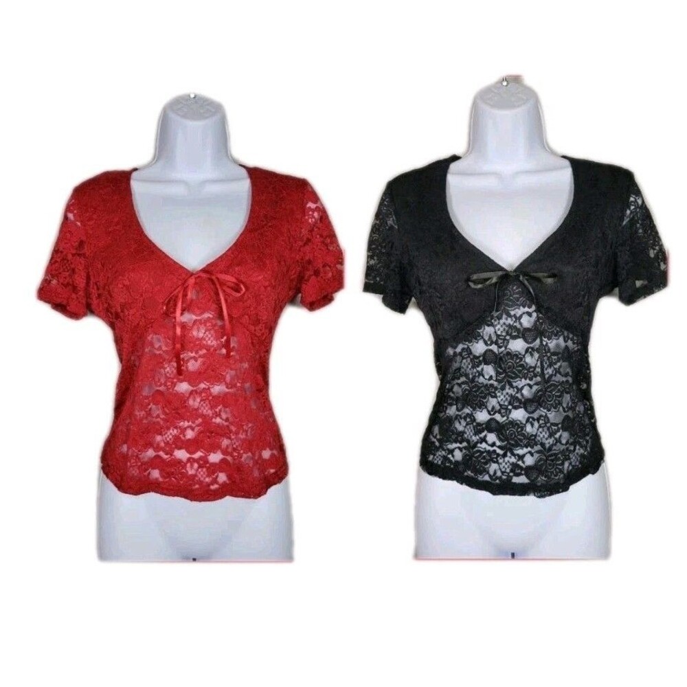 Juniors Sheer Lace Top Lot Of 2 Sz Medium Slim Coquette Romantic Black Red